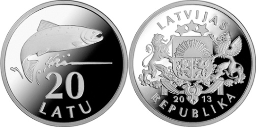 Lotyšsko – 20 Latu 2013 Silver Salmon